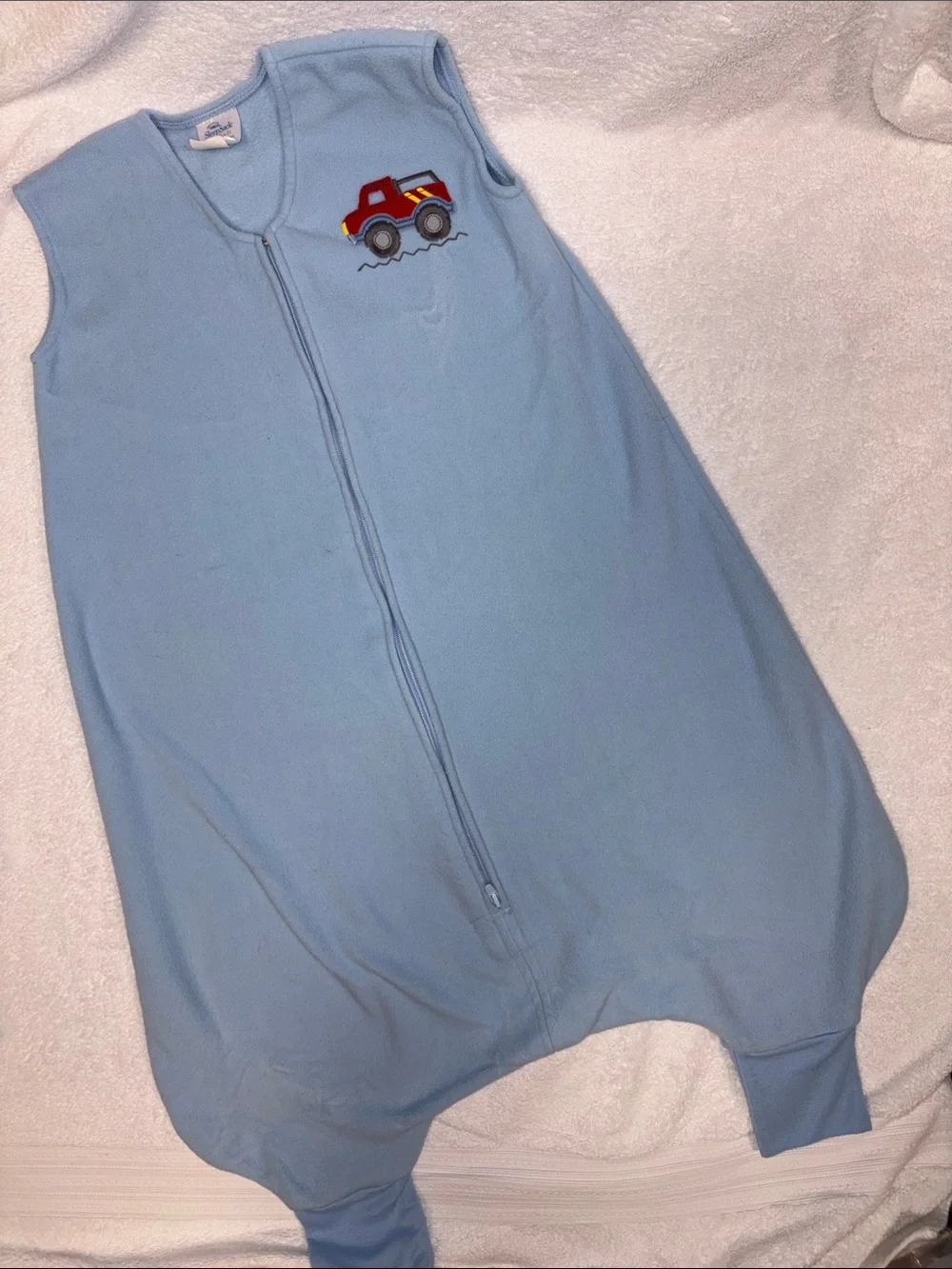 HALO Light Blue Sleeveless fleece  Sleep Sack with Red Truck 2t/3t